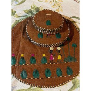 Vintage African Coconut Husk Coasters/Mat Embroidered Needle Point